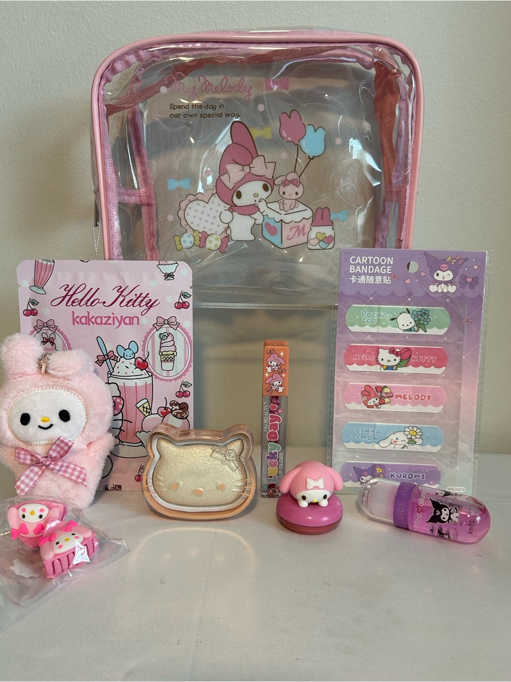 Hello Kitty My Melody Pink Clear travel bag with Matching Pink Accessories